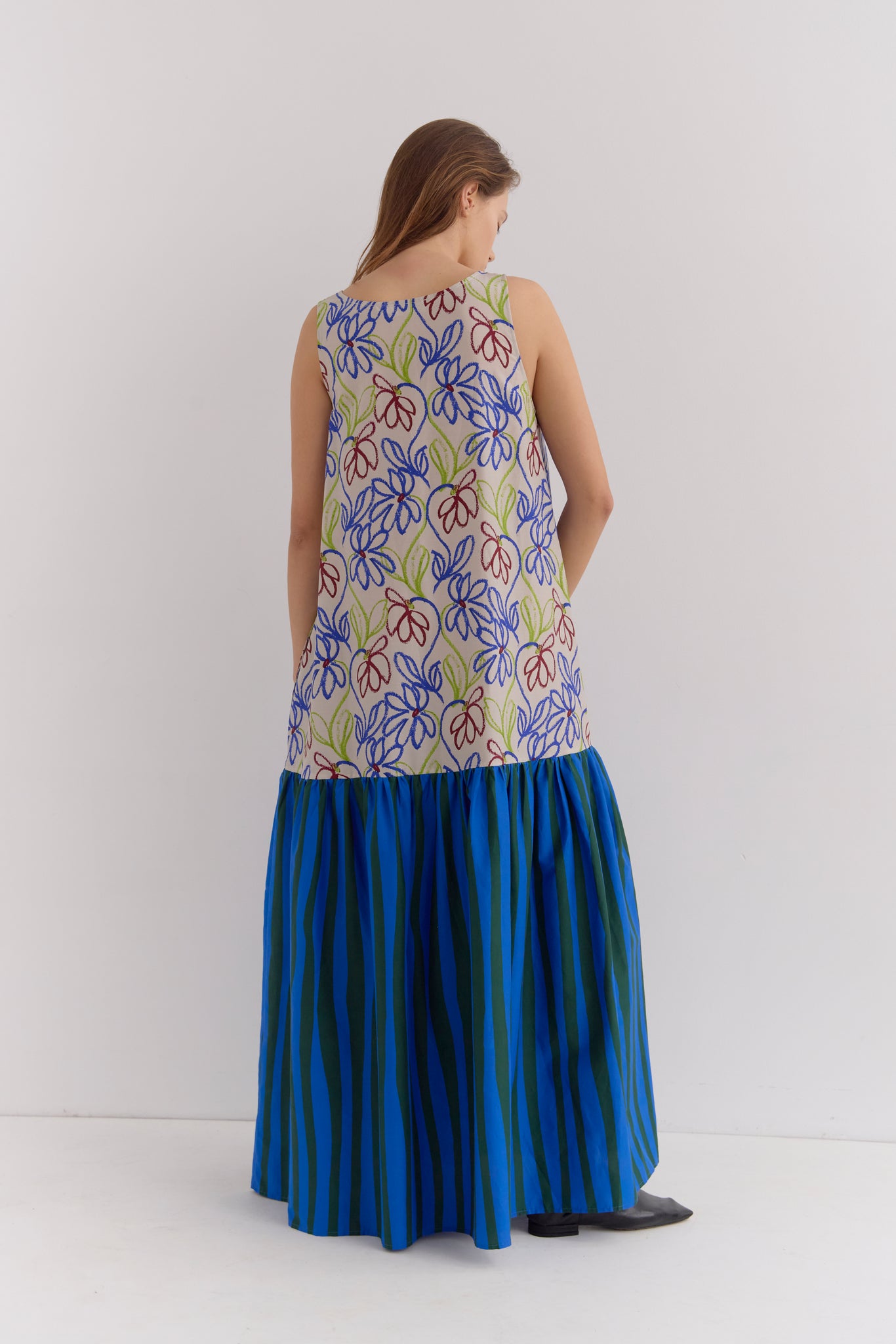 PRINNIE SINGLET FLARED DRESS - MIX PRINT MARTY/AZURE STRIPE