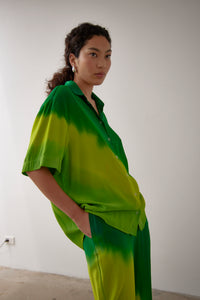 SANTANA - COLLARED SHIRT-  GREEN HAND PAINTED SILK SATIN