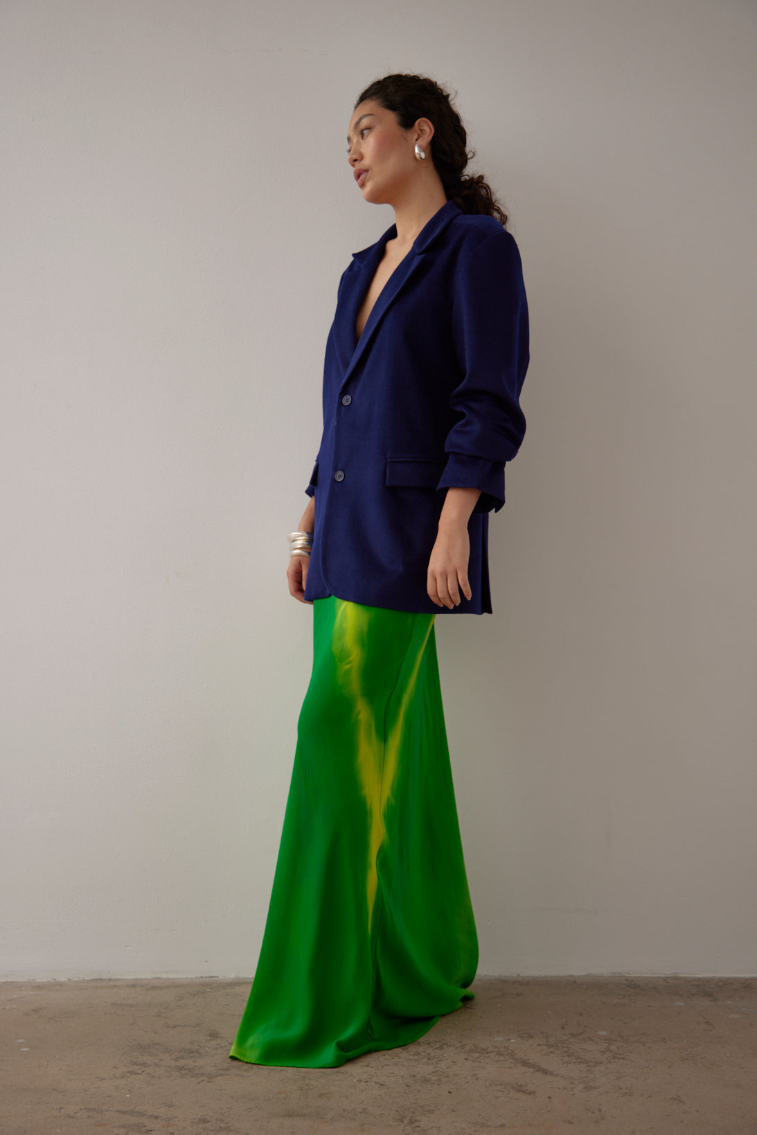 TASH -  GREEN HAND PAINTED BIAS SKIRT SILK SATIN