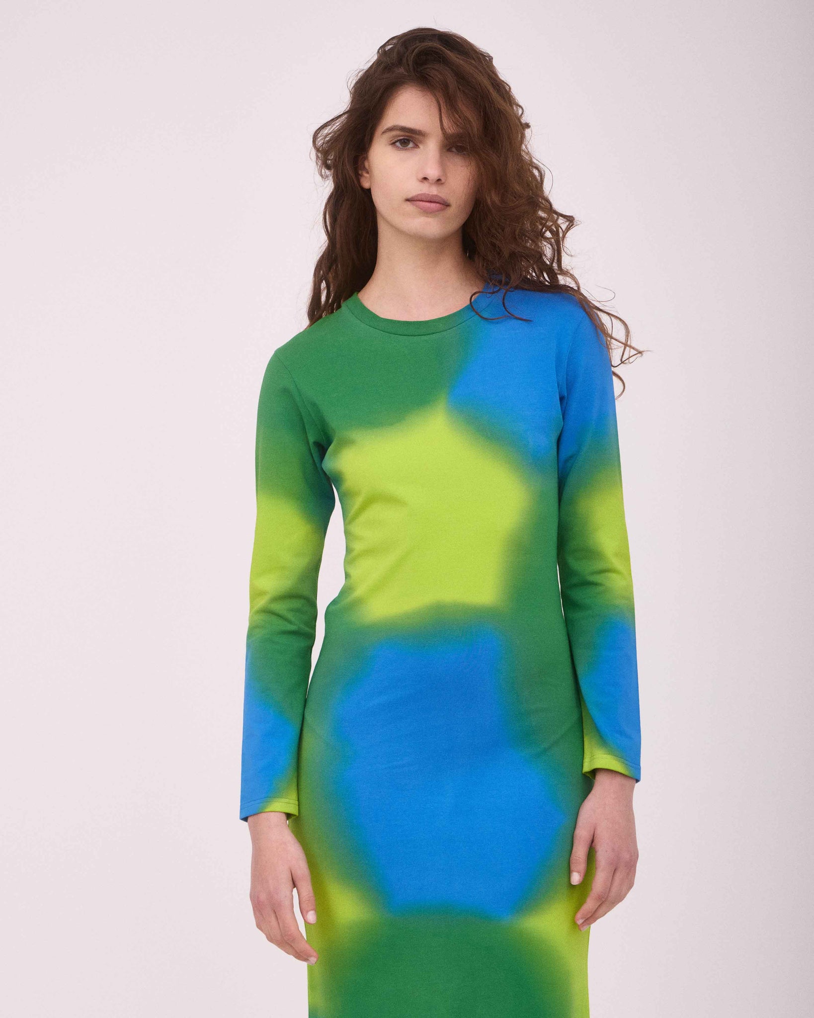MELISSA LONG SLEEVE DRESS LIME GREEN/BLUE/DEEP GREEN