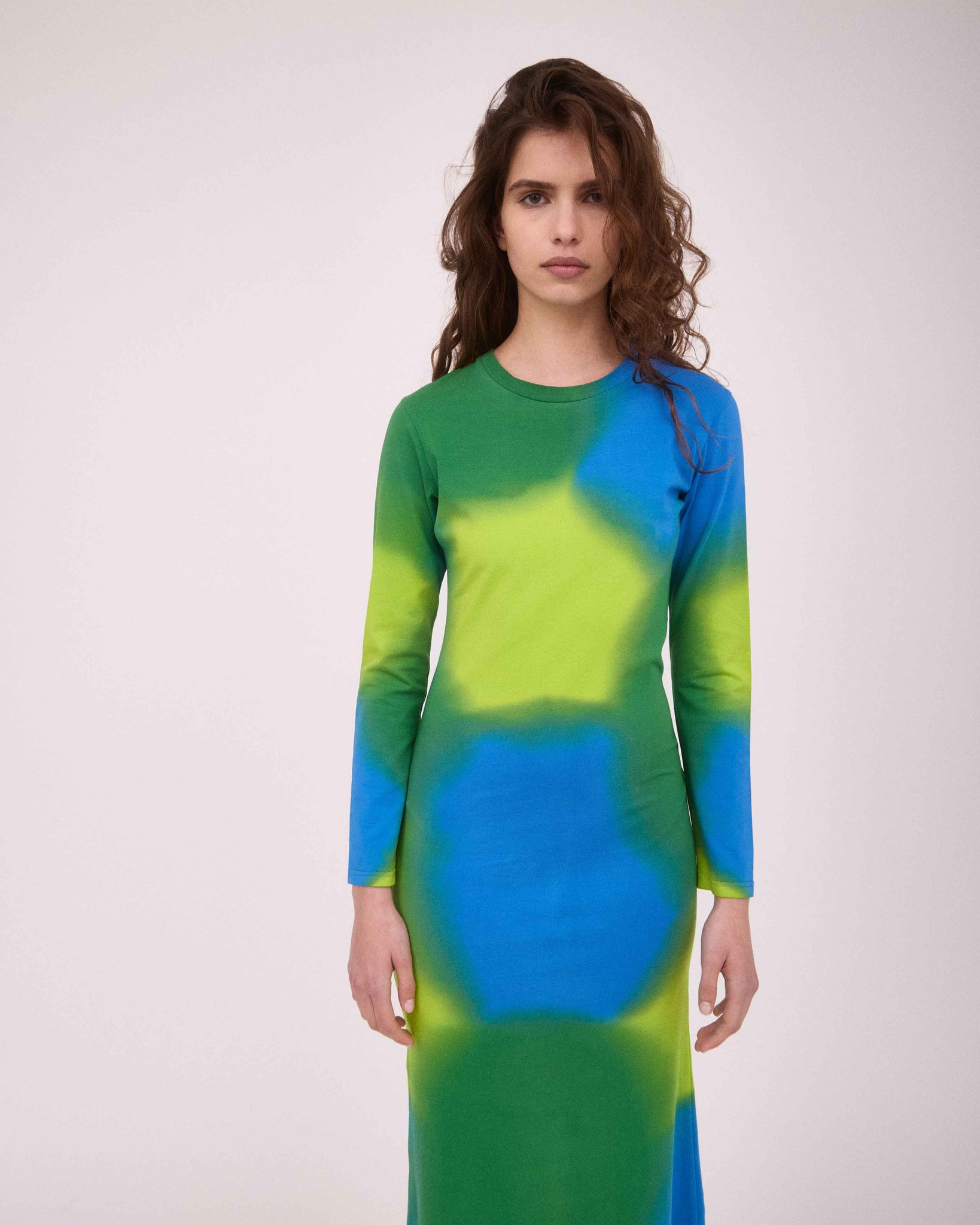 MELISSA LONG SLEEVE DRESS LIME GREEN/BLUE/DEEP GREEN