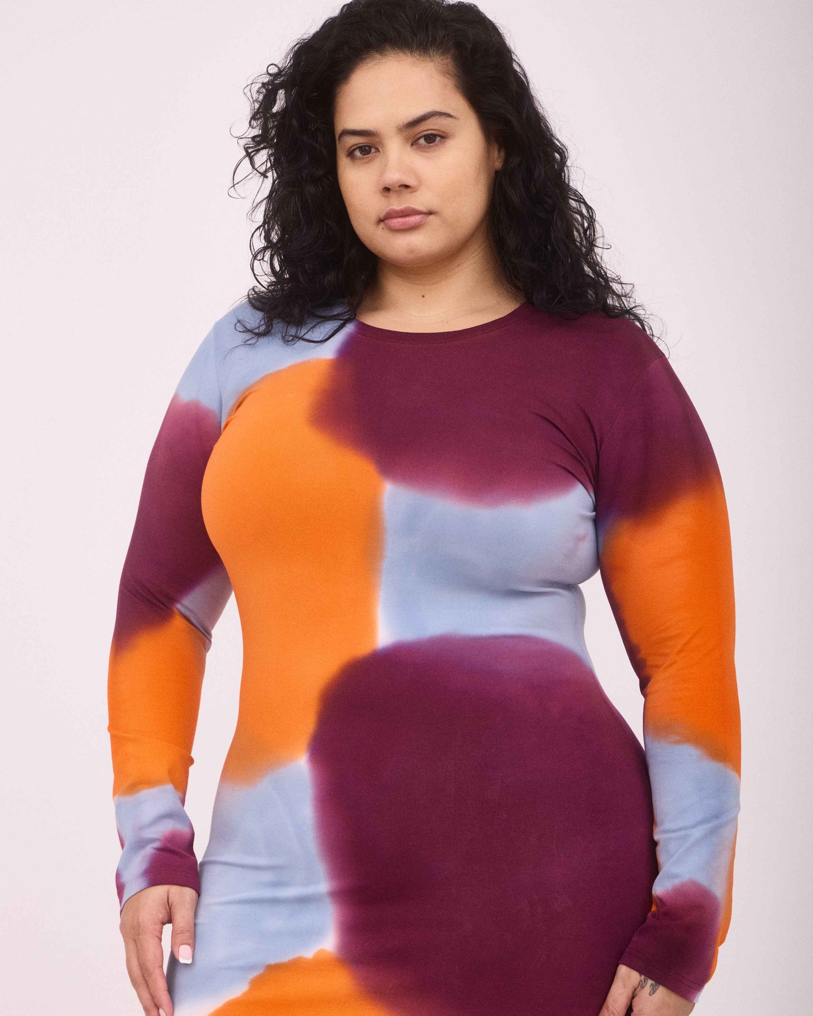 MELISSA LONG SLEEVE DRESS ORANGE/BURGUNDY/BLUE GREY