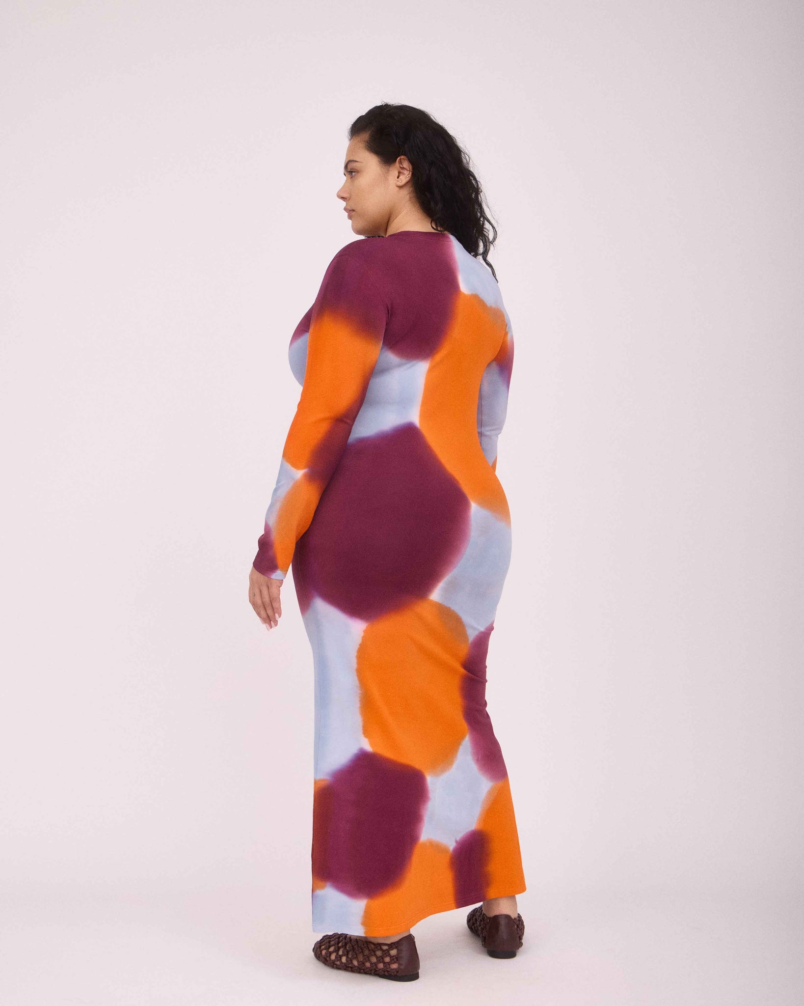 MELISSA LONG SLEEVE DRESS ORANGE/BURGUNDY/BLUE GREY