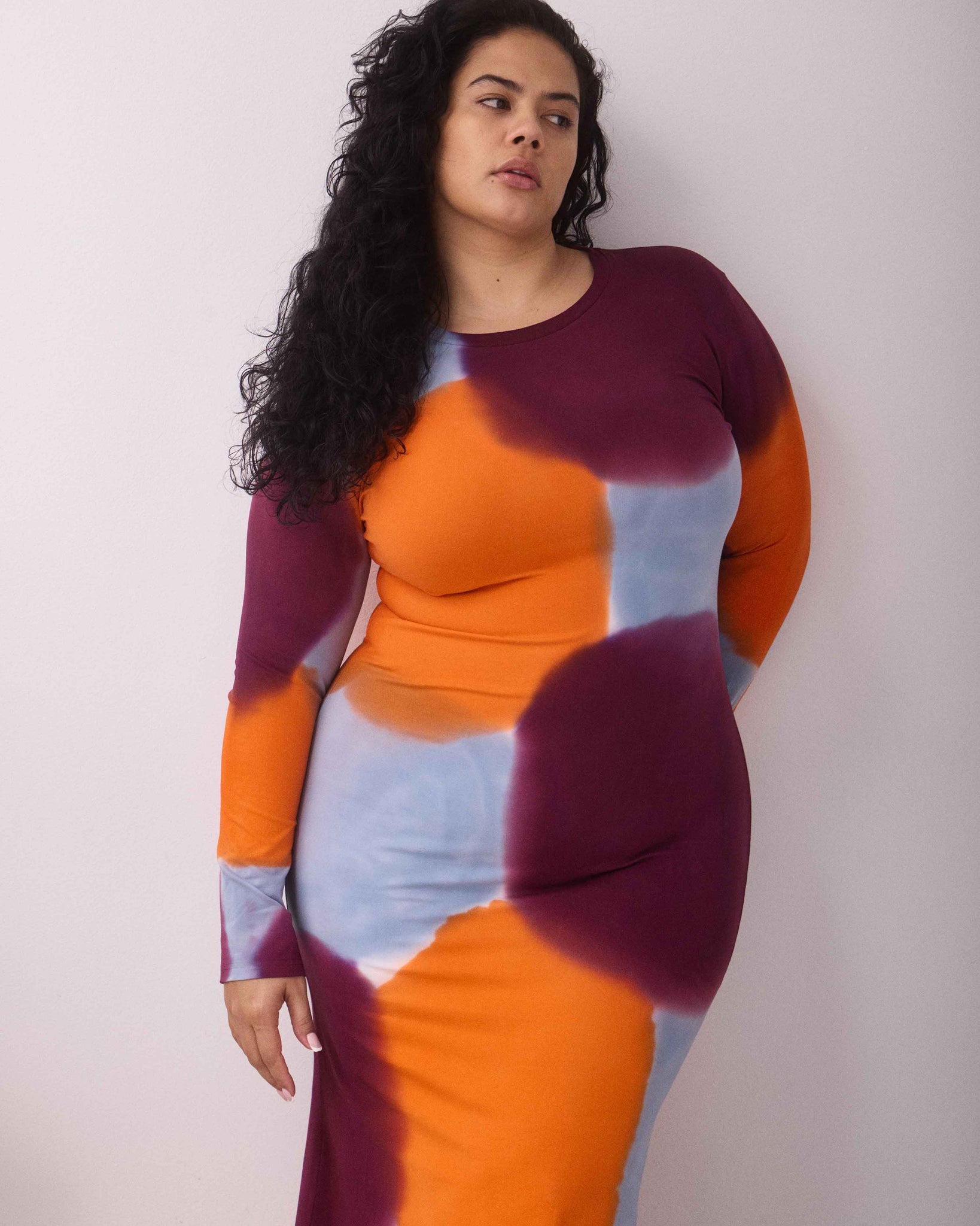 MELISSA LONG SLEEVE DRESS ORANGE/BURGUNDY/BLUE GREY