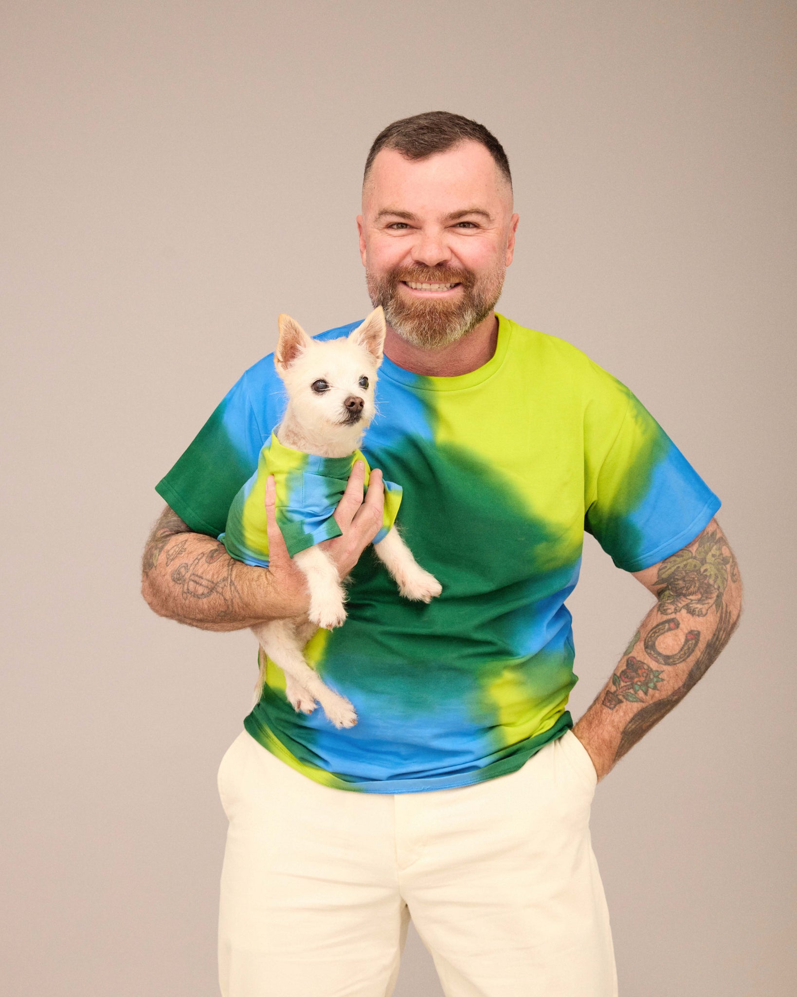 OWNER/DOG HAND PAINTED T-SHIRT SET BLUE/DEEP GREEN/LIME GREEN (PRE-ORDER)