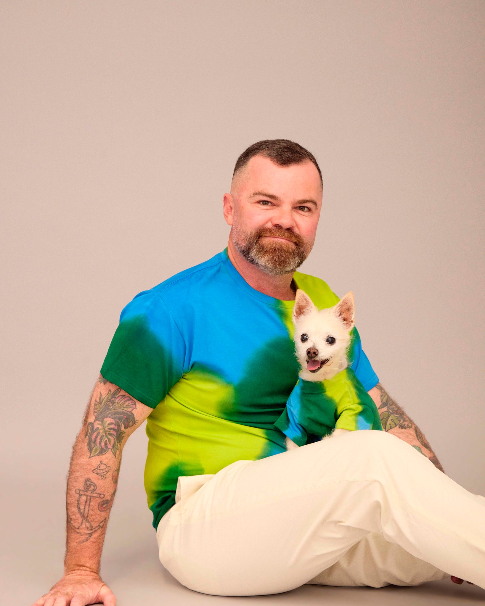 OWNER/DOG HAND PAINTED T-SHIRT SET BLUE/DEEP GREEN/LIME GREEN (PRE-ORDER)