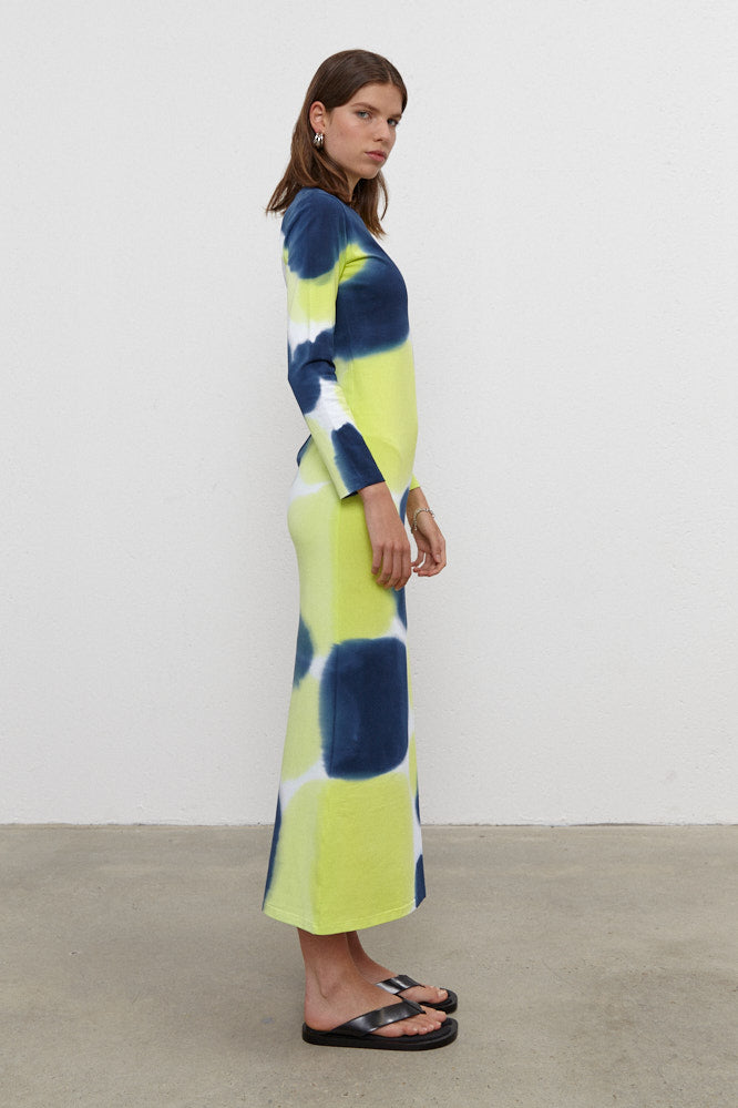 Melissa Long Dress with sleeves Navy/Lime Green