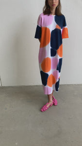 ADELE HAND-PAINTED SHIFT DRESS IN ORANGE/NAVY/PINK
